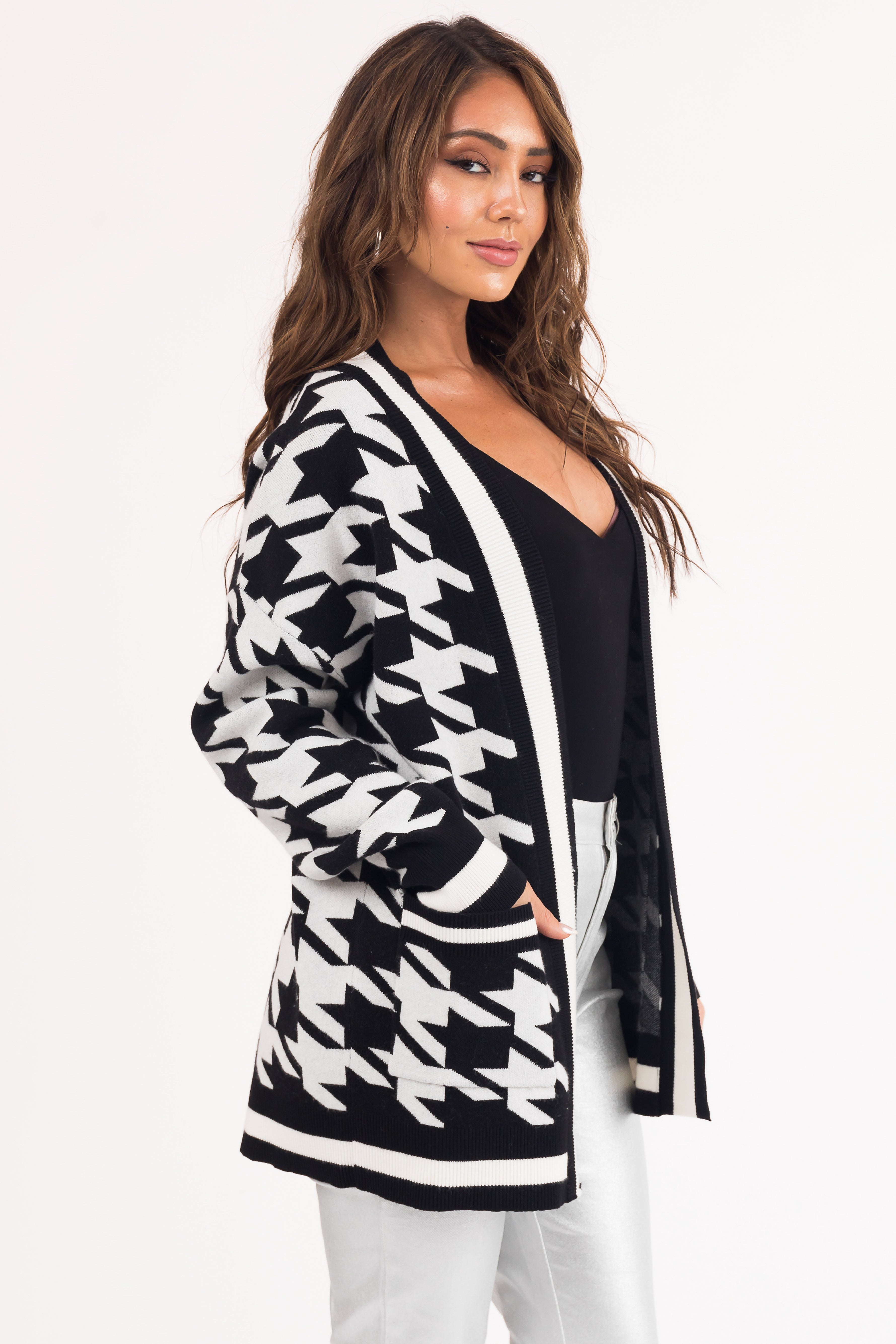 Black and White Houndstooth Open Front Cardigan