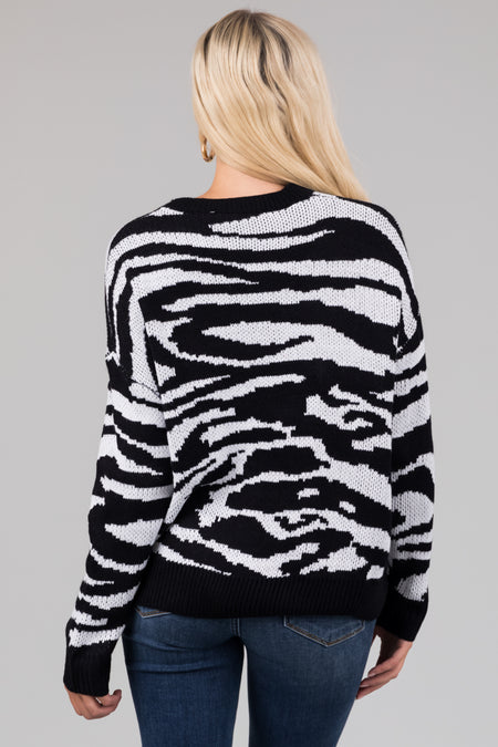 Black and White Long Sleeve Zebra Knit Sweater