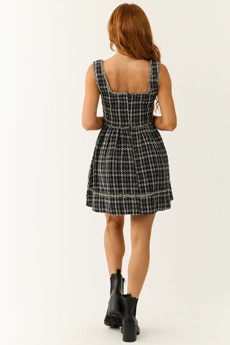 Black and White Plaid Tweed Sleeveless Short Dress