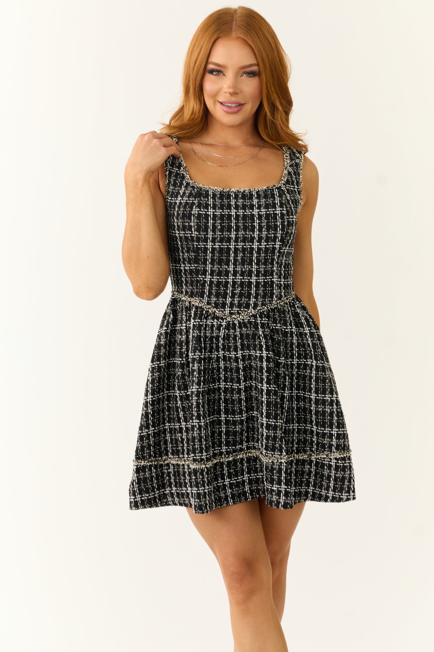 Black and White Plaid Tweed Sleeveless Short Dress