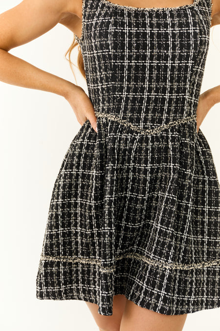 Black and White Plaid Tweed Sleeveless Short Dress