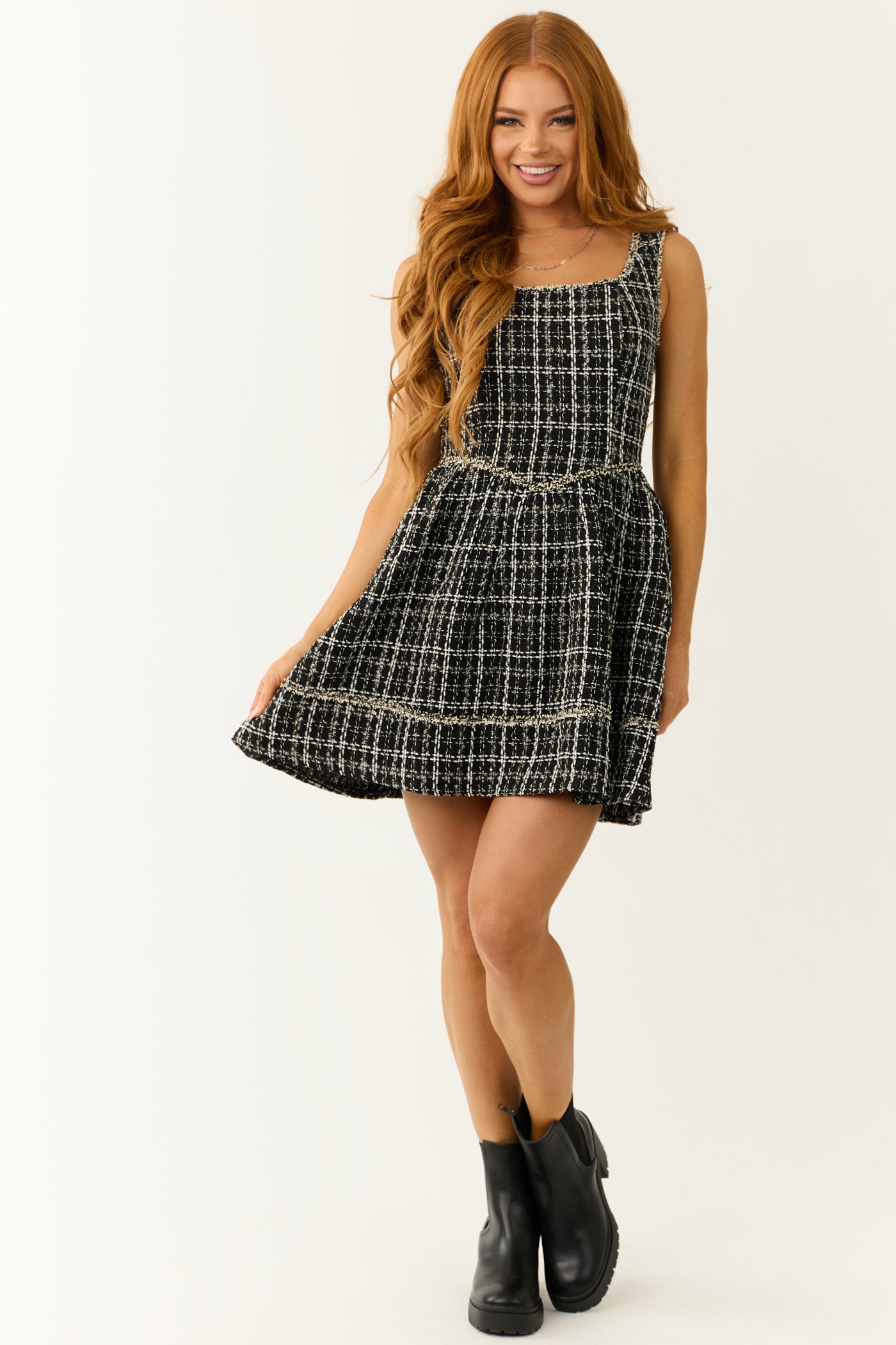 Black and White Plaid Tweed Sleeveless Short Dress