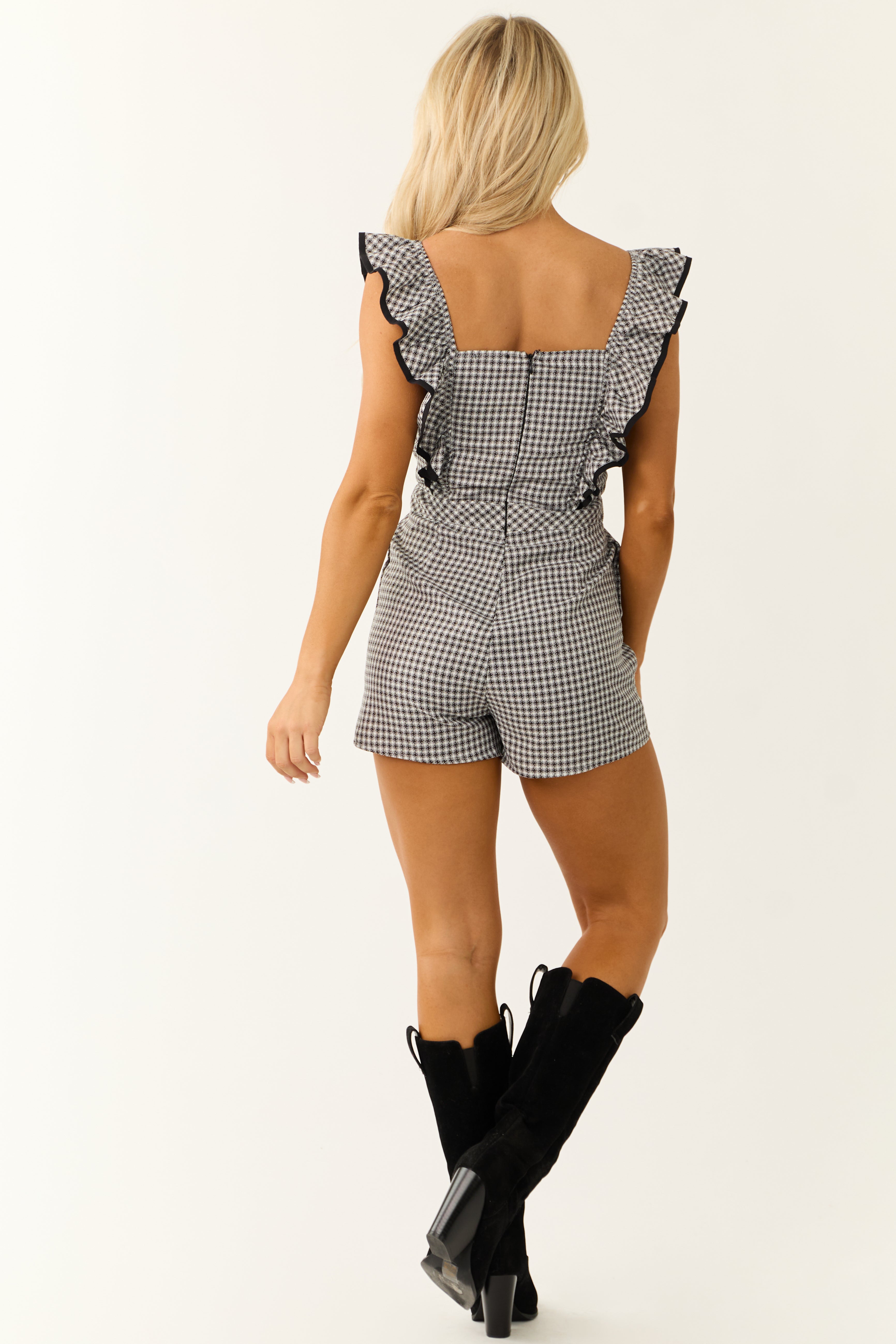 Black and White Ruffle Strap Gingham Romper