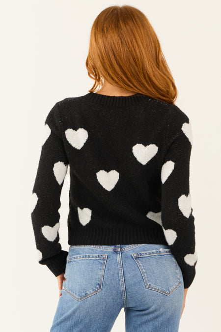 Black and White Slim Fit Heart Print Sweater