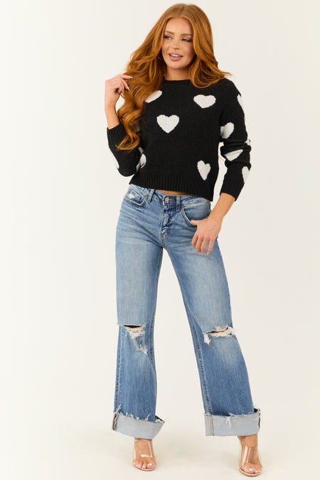 Black and White Slim Fit Heart Print Sweater