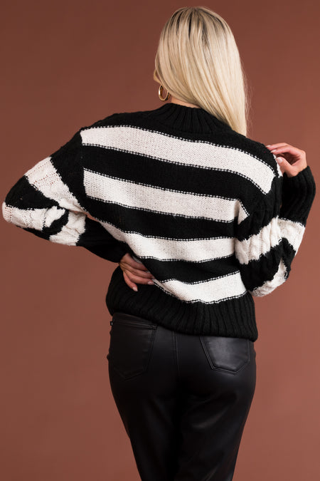 Black and White Striped Cable Knit Sweater