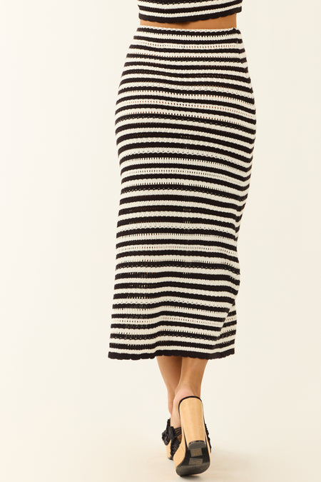 Black and White Striped Open Crochet Knit Midi Skirt