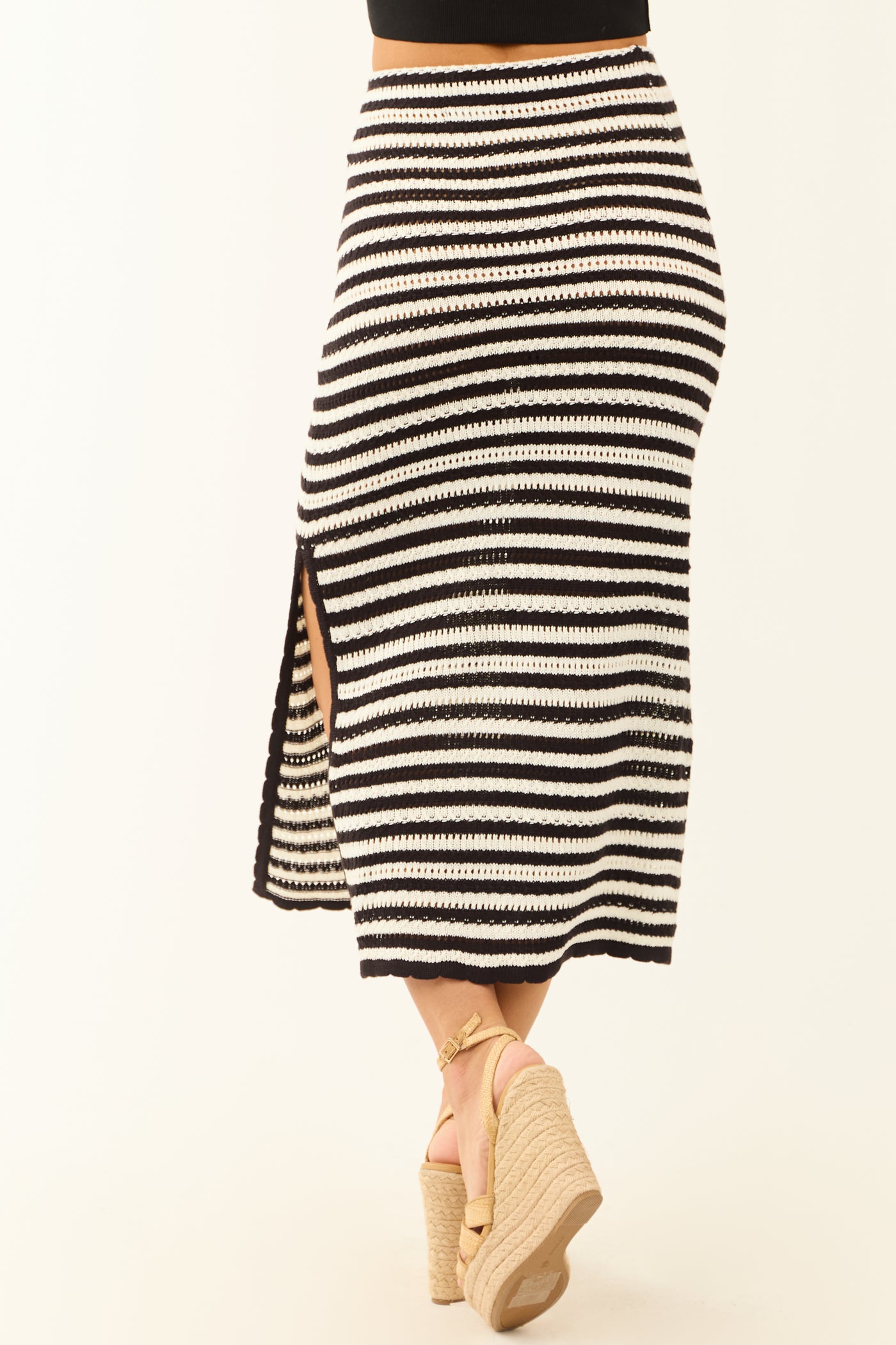 Black and White Striped Open Crochet Knit Midi Skirt