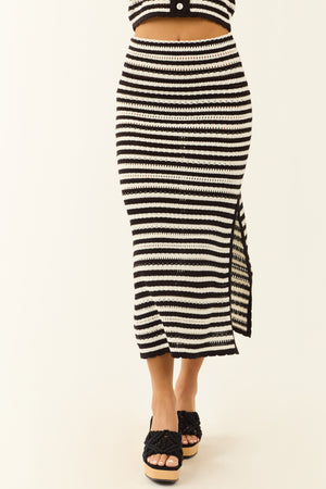 Black and White Striped Open Crochet Knit Midi Skirt