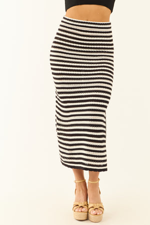 Black and White Striped Open Crochet Knit Midi Skirt