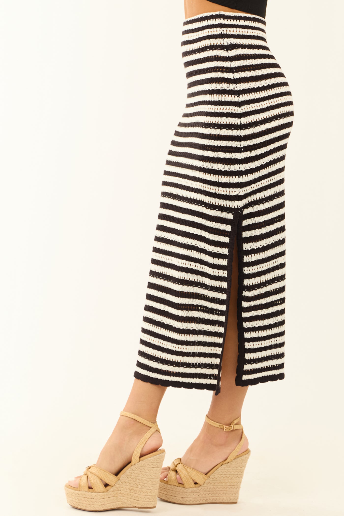 Black and White Striped Open Crochet Knit Midi Skirt