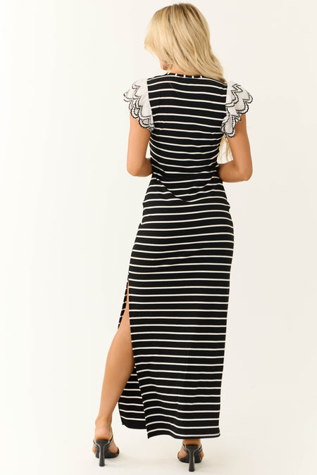 Black and White Striped Ruffle Sleeve Maxi Dress