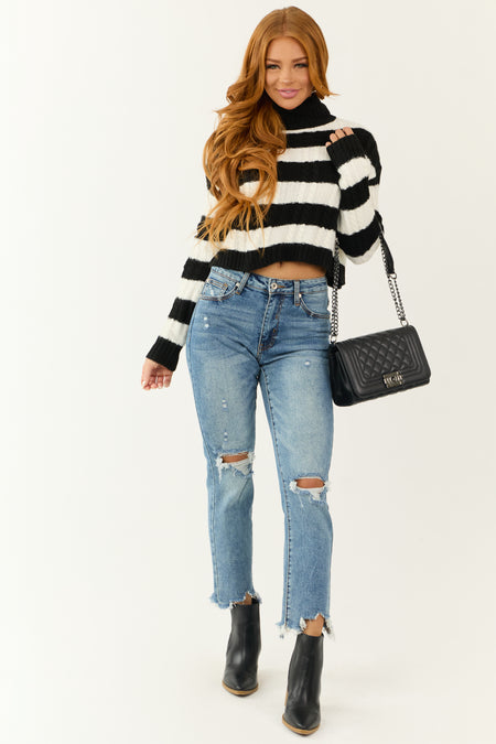 Black and White Striped Turtleneck Sweater