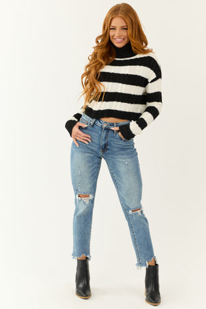 Black and White Striped Turtleneck Sweater