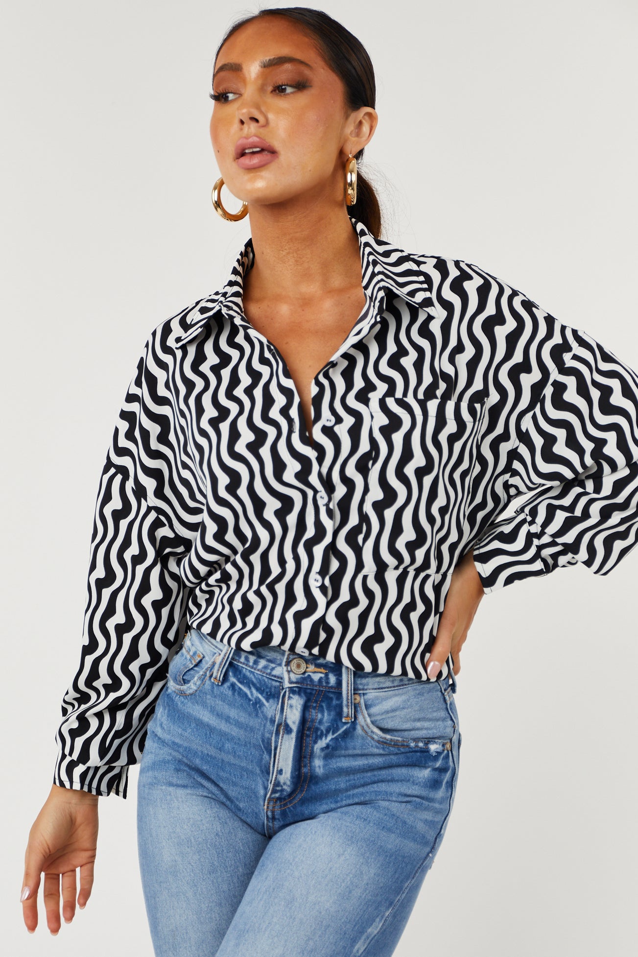 Black and White Wavy Striped Button Down Blouse