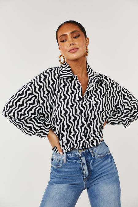 Black and White Wavy Striped Button Down Blouse