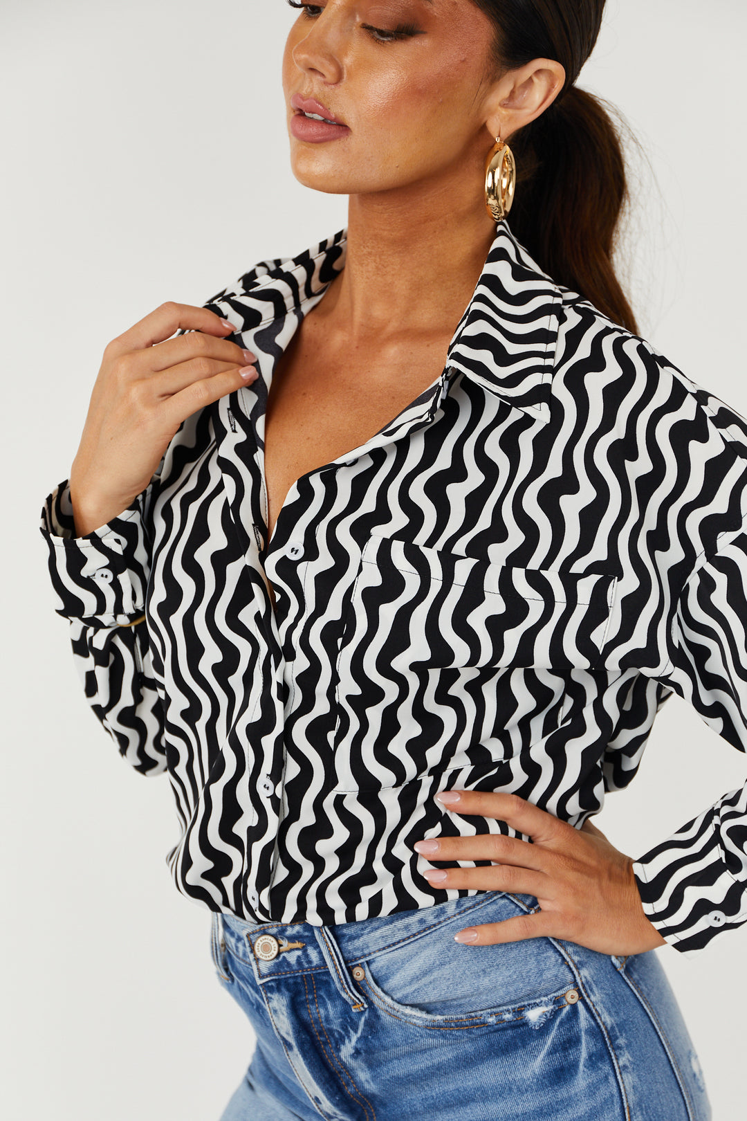 Black and White Wavy Striped Button Down Blouse & Lime Lush