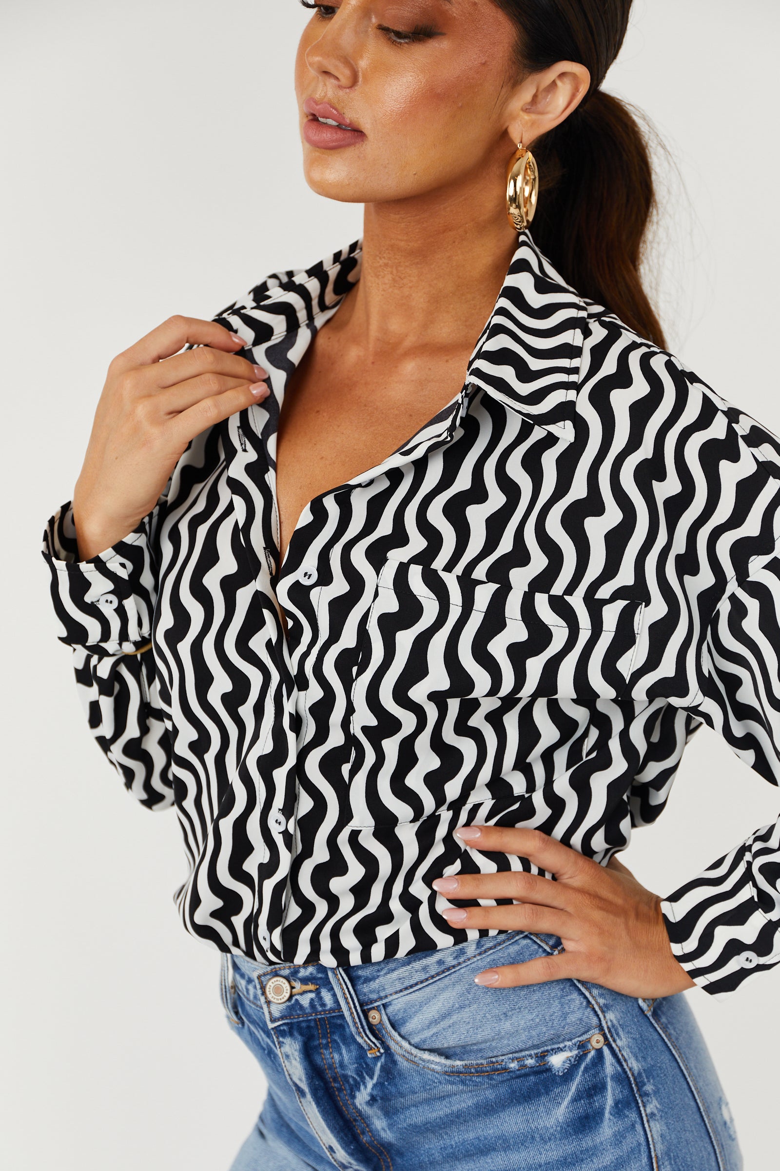 Black and White Wavy Striped Button Down Blouse