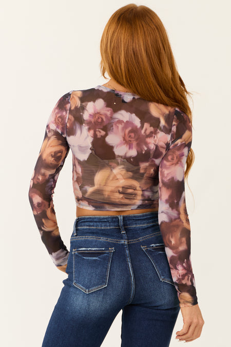 Black and Wine Floral Print Front Knot Mesh Crop Top