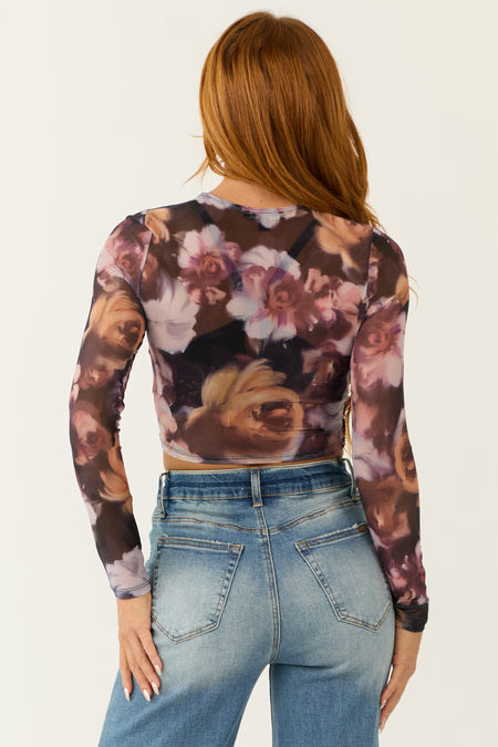 Black and Wine Floral Print Front Knot Mesh Crop Top