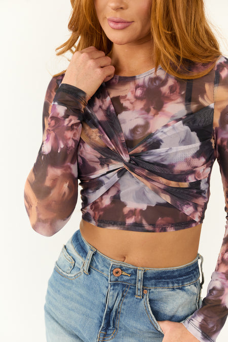 Black and Wine Floral Print Front Knot Mesh Crop Top