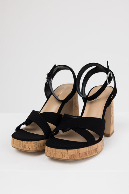 Black Ankle Strap Cork Platform Heels