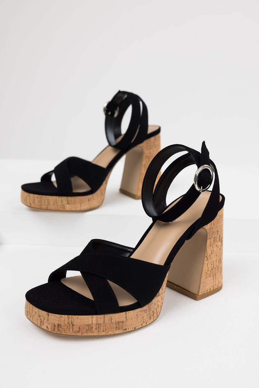 Black Ankle Strap Cork Platform Heels