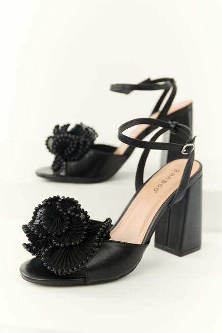 Black Beaded Ruffle Open Toe Block Heels