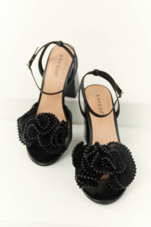 Black Beaded Ruffle Open Toe Block Heels