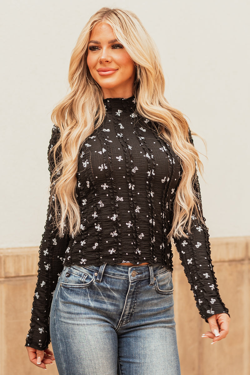 Black Bow Print Lace Ruffle Long Sleeve Top