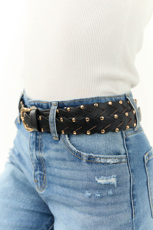 Black Braided Pleather Belt with Gold Studs