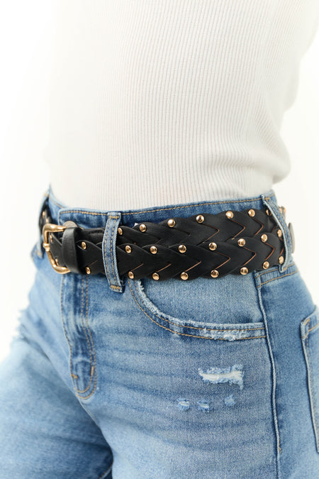 Black Braided Pleather Belt with Gold Studs