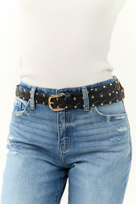 Black Braided Pleather Belt with Gold Studs