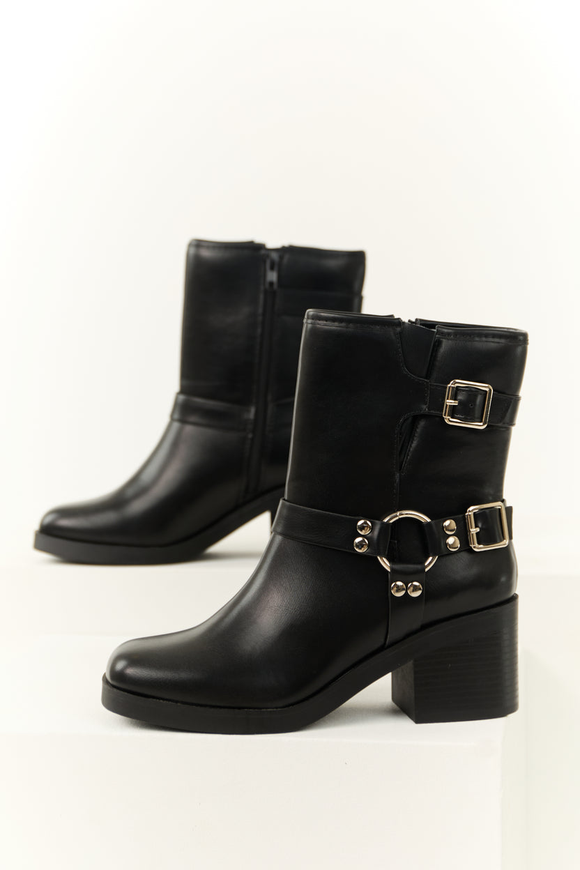 Black Buckle Strap Chunky Heel Booties