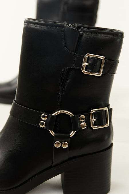 Black Buckle Strap Chunky Heel Booties