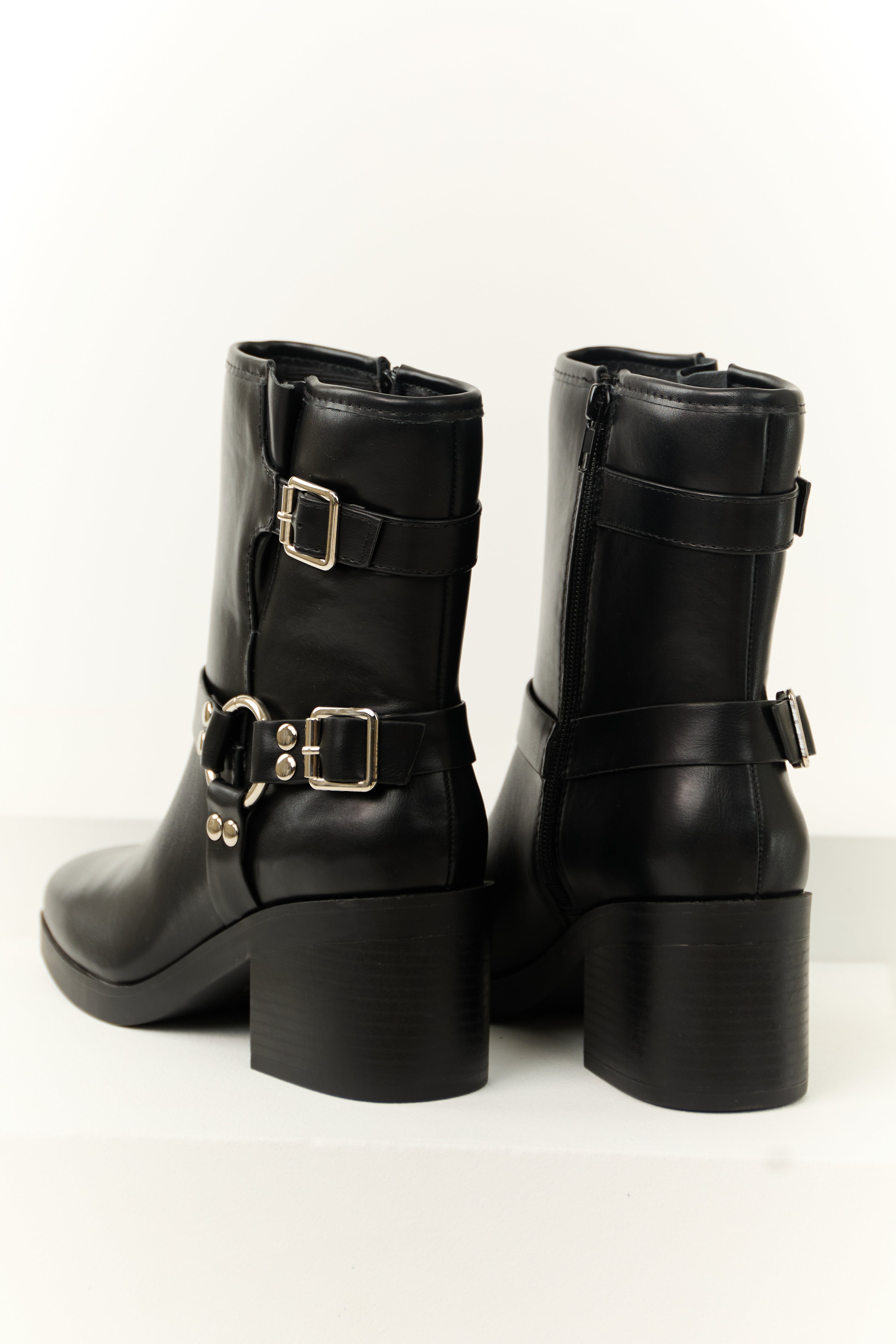 Black leather chunky heel booties shops