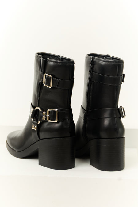 Black Buckle Strap Chunky Heel Booties