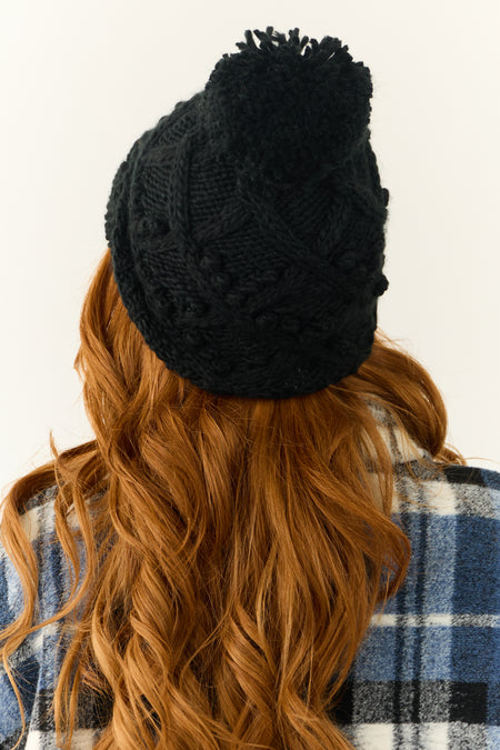 Black Cable Knit Pom Pom Beanie