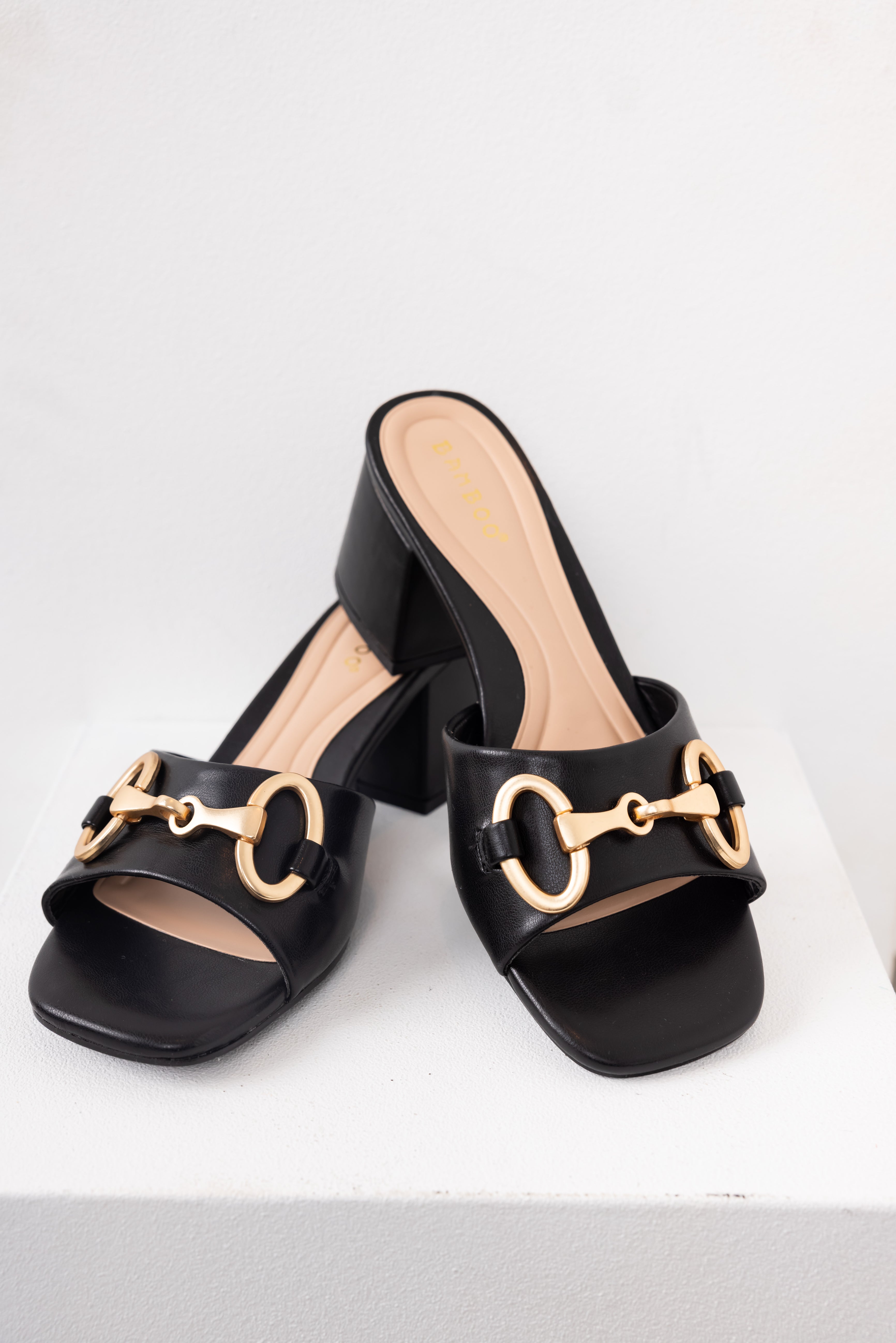 Black Chain Detail Block Heel Mules