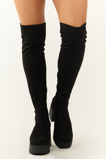 Black Chunky Heel Faux Suede Knee High Boots