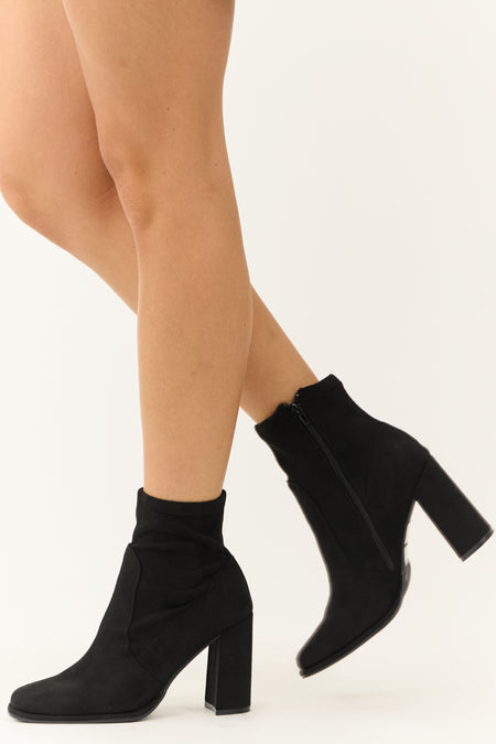 Black Chunky Square Heel Faux Suede Booties