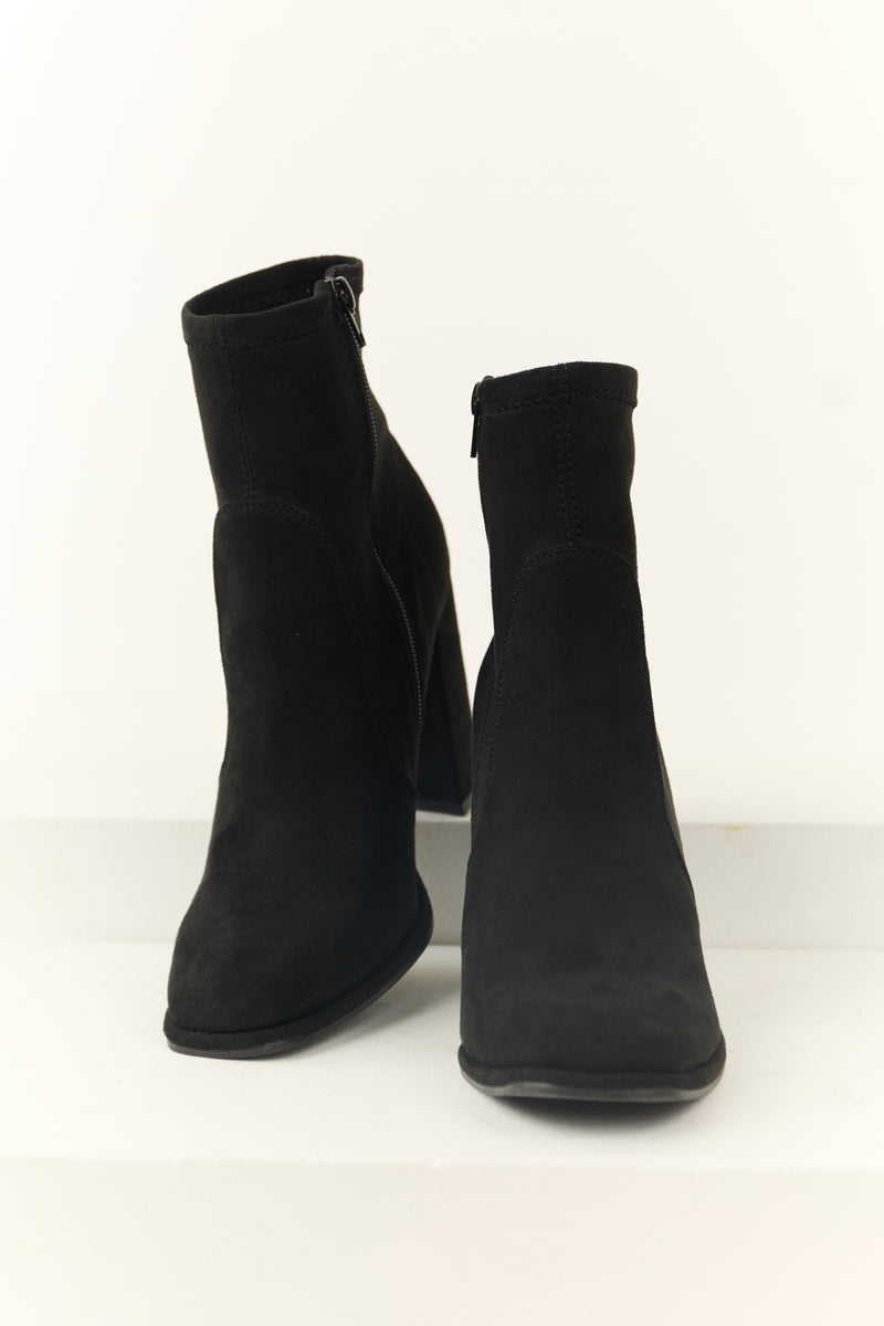 Black Chunky Square Heel Faux Suede Booties