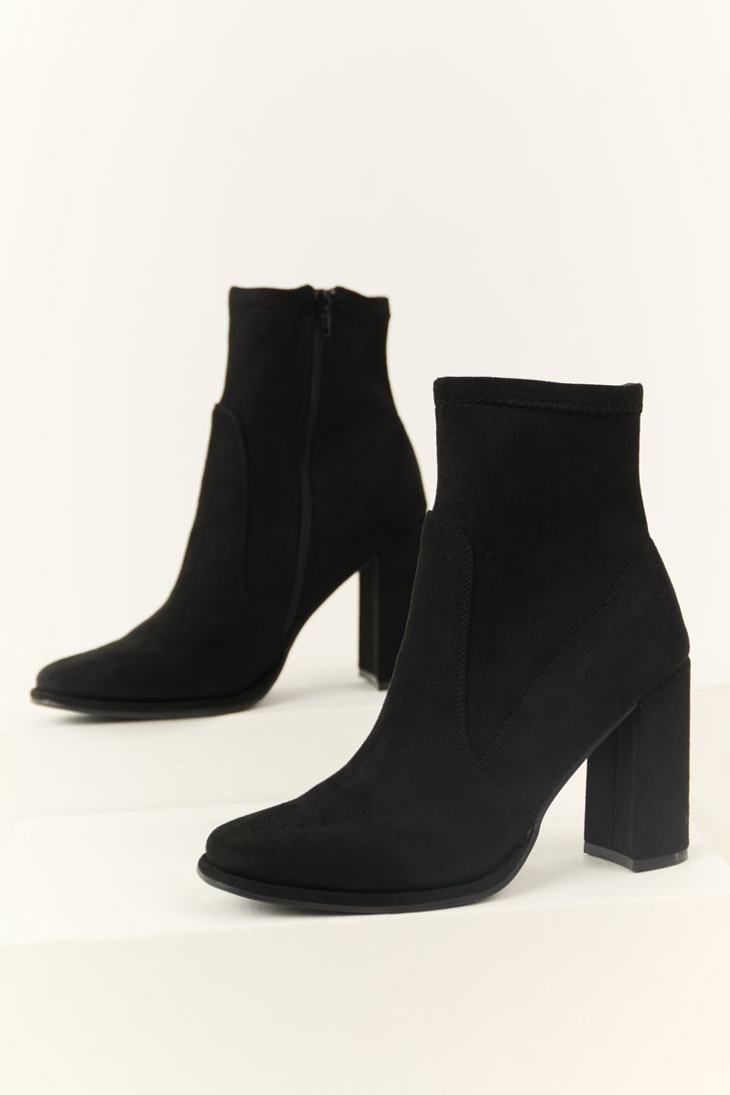 Black Chunky Square Heel Faux Suede Booties