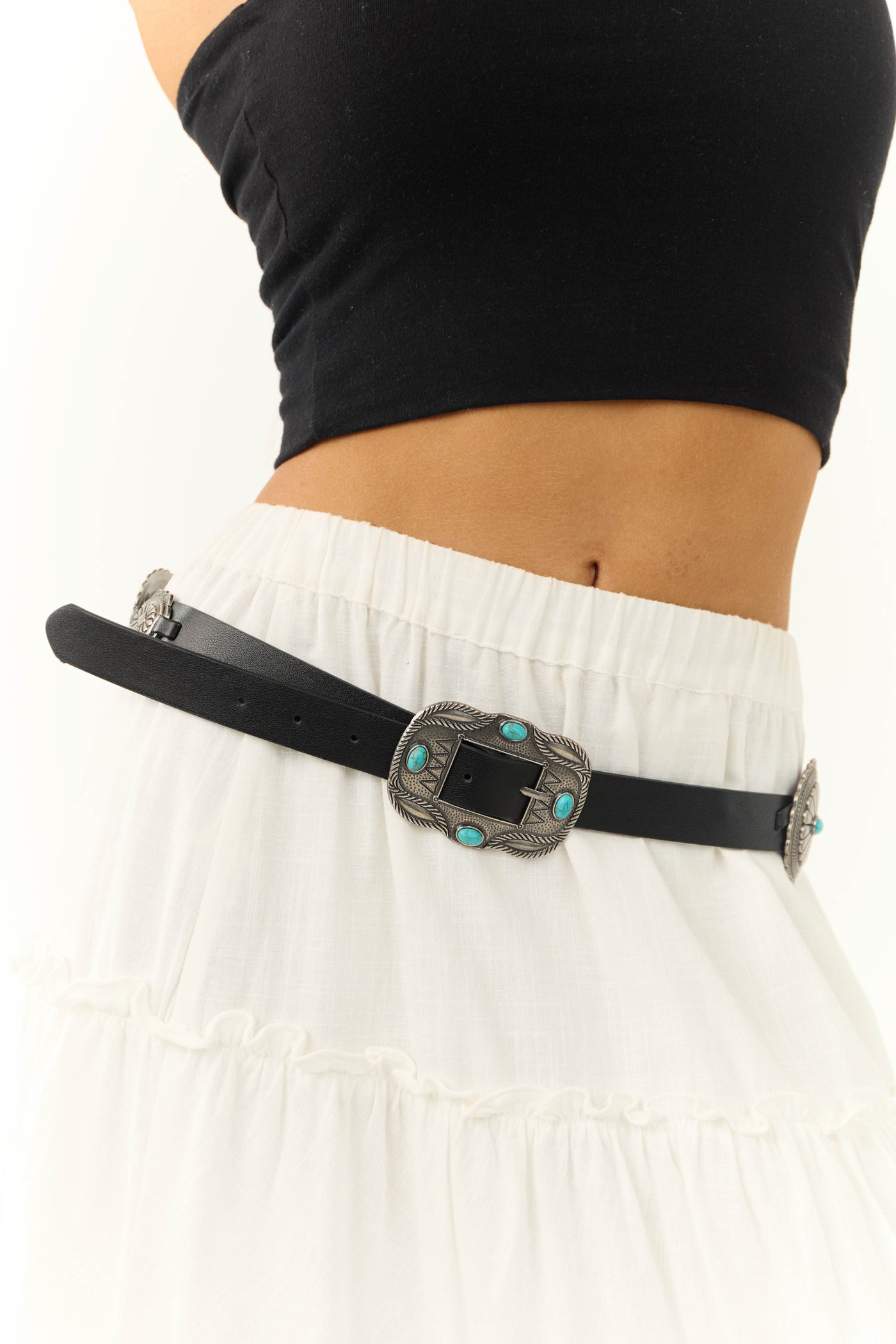 Black Concho Western Belt with Turquoise Detail