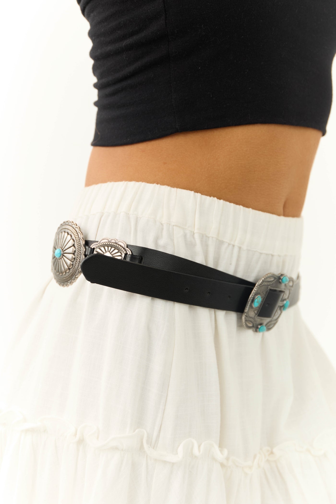 Black Concho Western Belt with Turquoise Detail