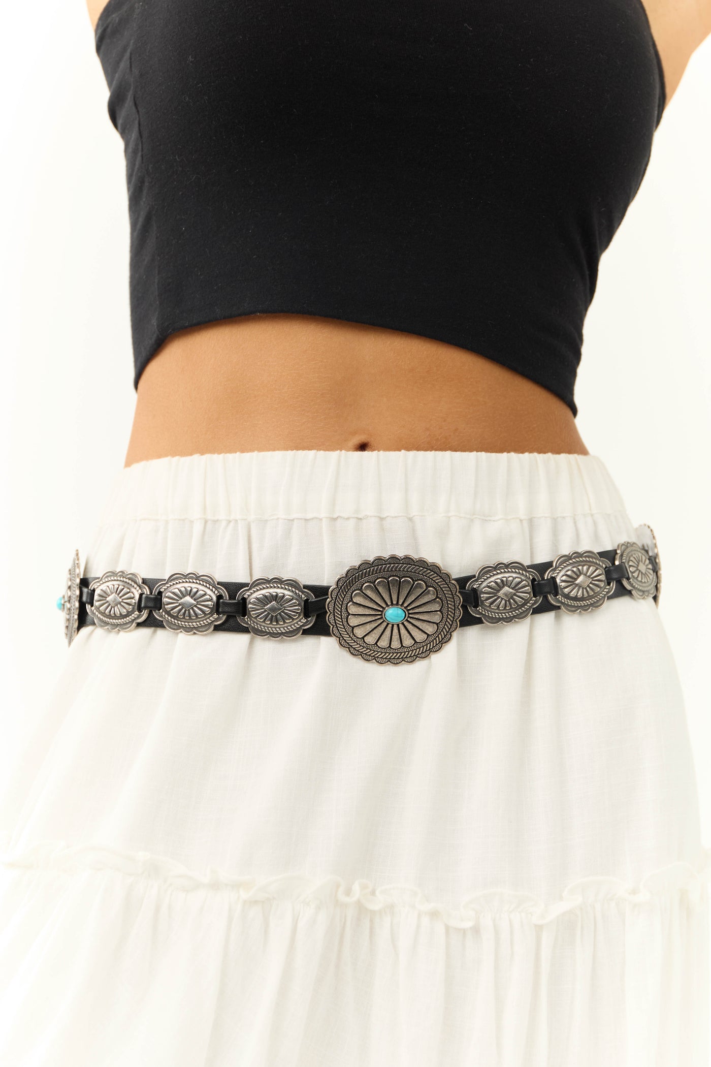 Black Concho Western Belt with Turquoise Detail