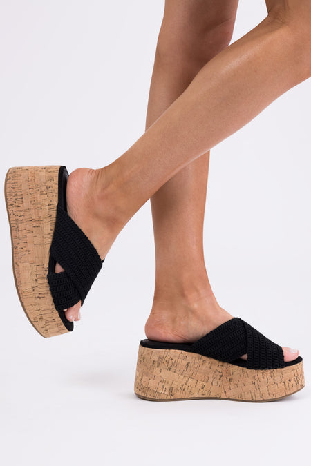 Black Crochet Cross Strap Cork Platform Wedges