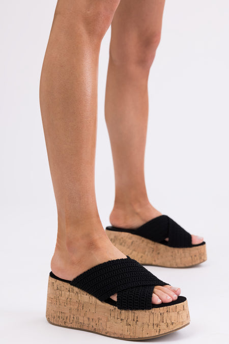 Black Crochet Cross Strap Cork Platform Wedges