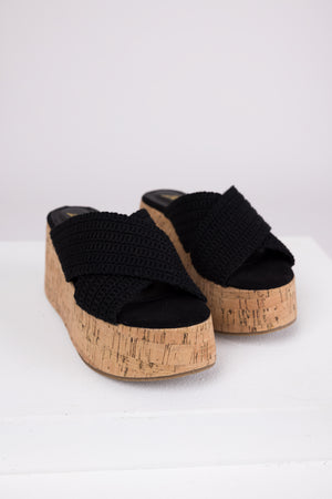 Black Crochet Cross Strap Cork Platform Wedges