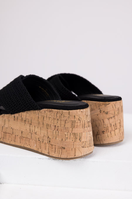 Black Crochet Cross Strap Cork Platform Wedges